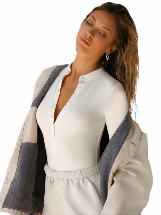 Joah Brown Tops - Joah Brown Cream Long Sleeve Ribbed Henley Tee